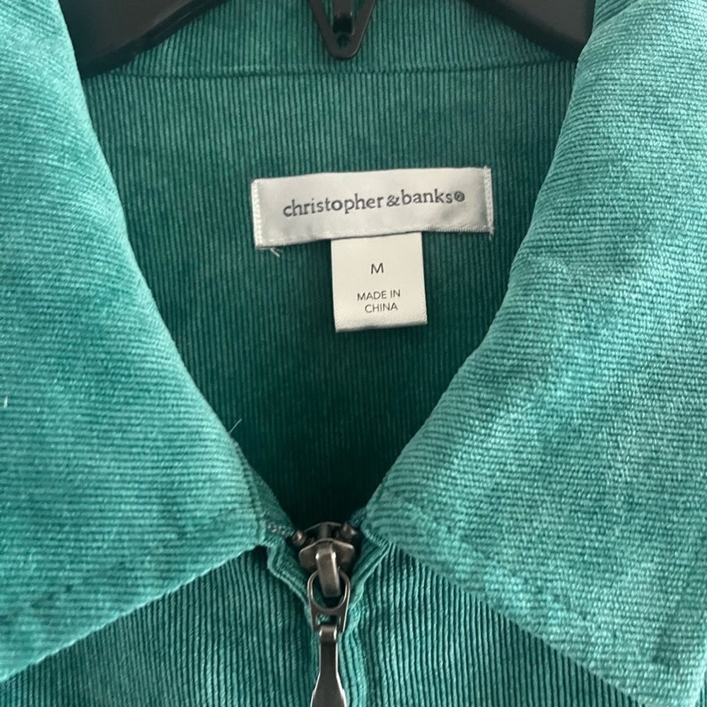 Christopher & Banks SZ Medium Green Teal Velvety Cord Jacket Fall Spring Cinched - Picture 2 of 16
